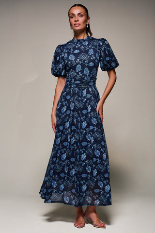 Puffy Sleeve Printed Mesh Maxi Dress, Navy Floral
