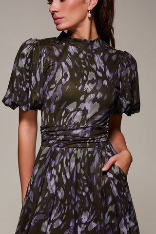 Puffy Sleeve Printed Mesh Maxi Dress, Purple Abstract
