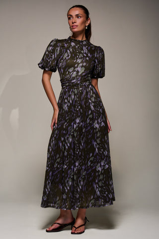 Puffy Sleeve Printed Mesh Maxi Dress, Purple Abstract