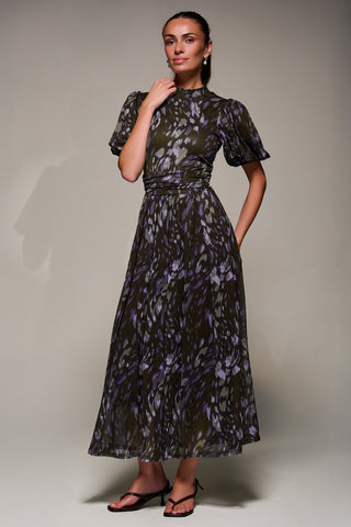 Puffy Sleeve Printed Mesh Maxi Dress, Purple Abstract