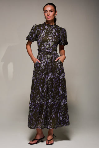 Puffy Sleeve Printed Mesh Maxi Dress, Purple Abstract