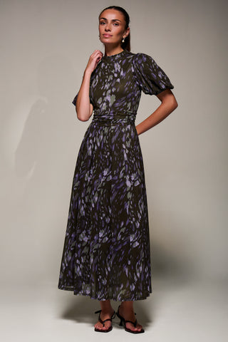 Puffy Sleeve Printed Mesh Maxi Dress, Purple Abstract