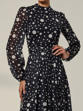 Crew Neck Pleated Long Sleeve Midi, Black Polka