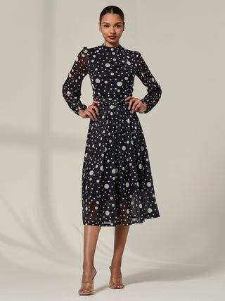 Crew Neck Pleated Long Sleeve Midi, Black Polka