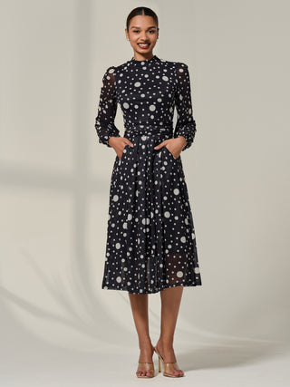 Crew Neck Pleated Long Sleeve Midi, Black Polka