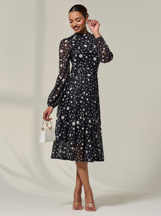 Crew Neck Pleated Long Sleeve Midi, Black Polka