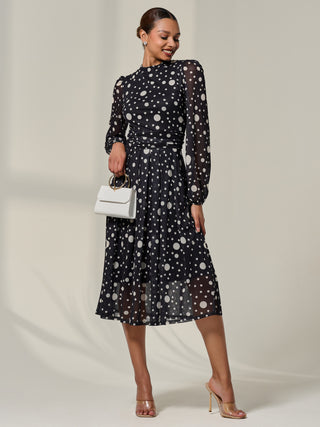 Crew Neck Pleated Long Sleeve Midi, Black Polka