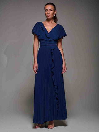 Pleated Frill Detail Chiffon Maxi Dress Navy