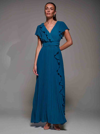 Pleated Frill Detail Chiffon Maxi Dress, Teal