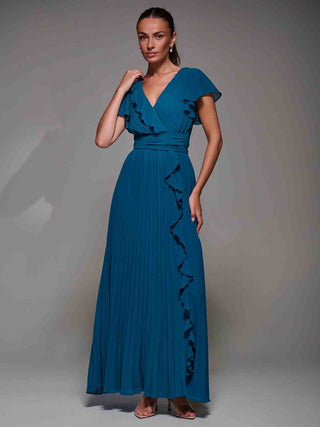 Pleated Frill Detail Chiffon Maxi Dress, Teal