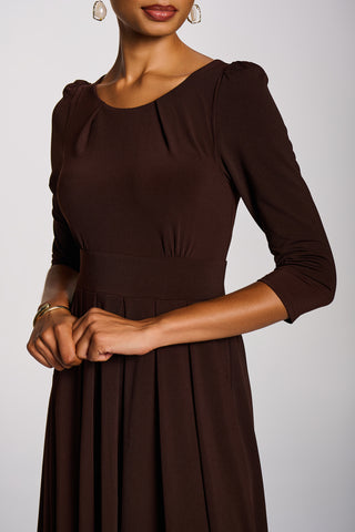 3/4 Sleeve Plain Jersey Midi Dress, Brown