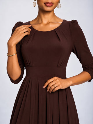 3/4 Sleeve Plain Jersey Midi Dress, Brown
