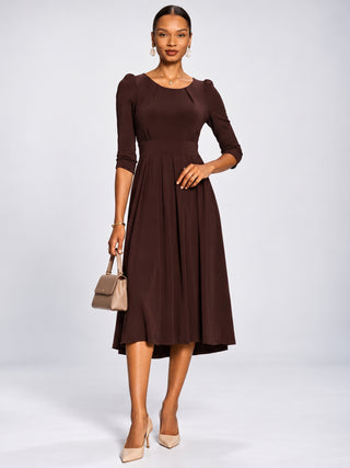 3/4 Sleeve Plain Jersey Midi Dress, Brown
