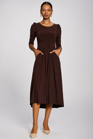 3/4 Sleeve Plain Jersey Midi Dress, Brown