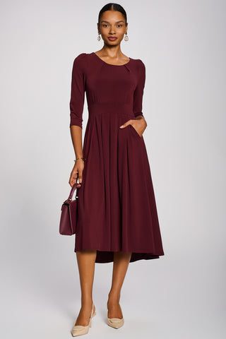 3/4 Sleeve Plain Jersey Midi Dress, Burgundy