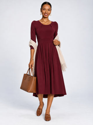 3/4 Sleeve Plain Jersey Midi Dress, Burgundy