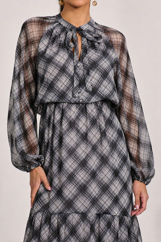 Long Sleeve Tie Neck Maxi Dress, Black Check