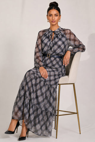 Long Sleeve Tie Neck Maxi Dress, Black Check
