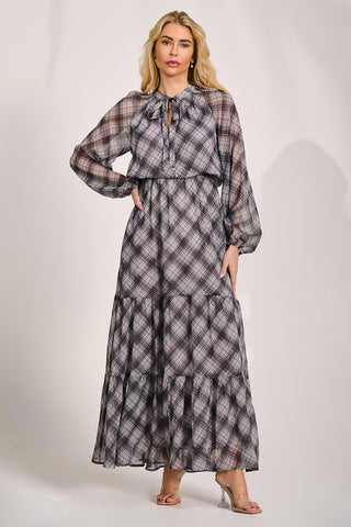 Long Sleeve Tie Neck Maxi Dress, Black Check