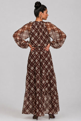 Long Sleeve Tie Neck Maxi Dress, Brown Check