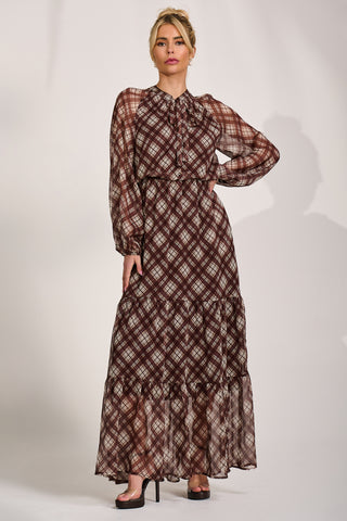 Long Sleeve Tie Neck Maxi Dress, Brown Check