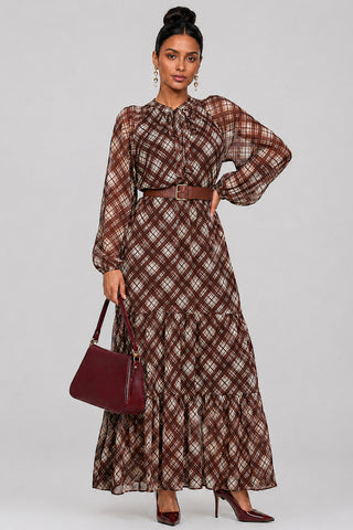 Long Sleeve Tie Neck Maxi Dress, Brown Check