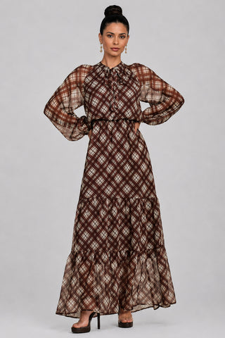 Long Sleeve Tie Neck Maxi Dress, Brown Check