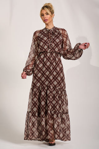 Long Sleeve Tie Neck Maxi Dress, Brown Check