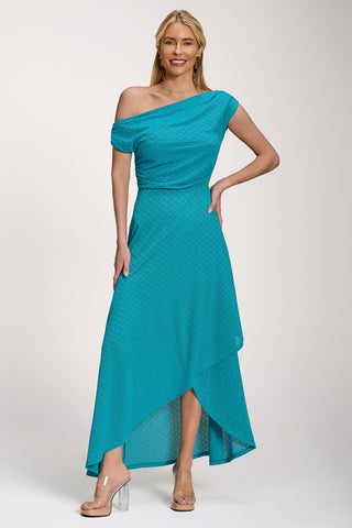 Textured Asymmetric One Shoulder Maxi Dress, Blue