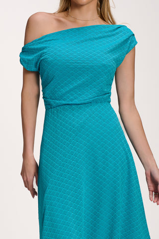 Textured Asymmetric One Shoulder Maxi Dress, Blue