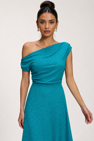 Textured Asymmetric One Shoulder Maxi Dress, Blue