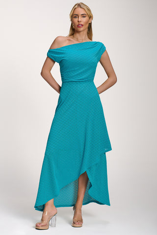 Textured Asymmetric One Shoulder Maxi Dress, Blue