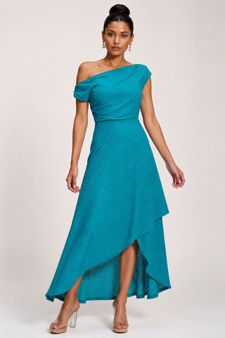 Textured Asymmetric One Shoulder Maxi Dress, Blue