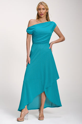 Textured Asymmetric One Shoulder Maxi Dress, Blue