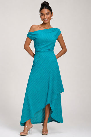 Textured Asymmetric One Shoulder Maxi Dress, Blue