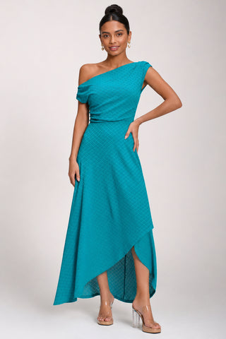 Textured Asymmetric One Shoulder Maxi Dress, Blue