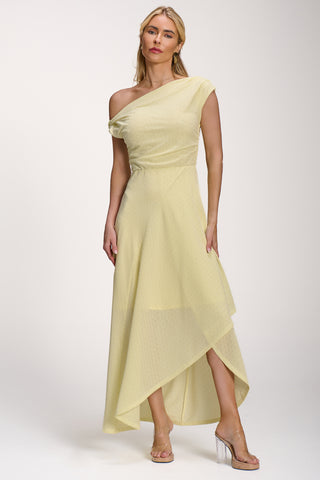 Textured Asymmetric One Shoulder Maxi Dress, Butter Yellow