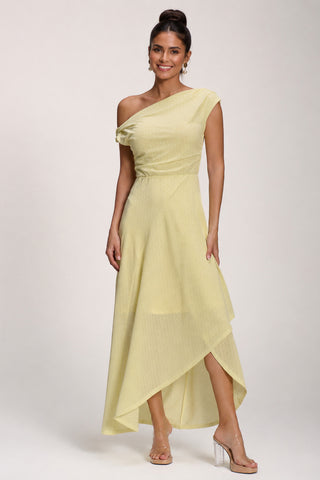 Textured Asymmetric One Shoulder Maxi Dress, Butter Yellow