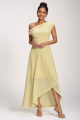 Textured Asymmetric One Shoulder Maxi Dress, Butter Yellow