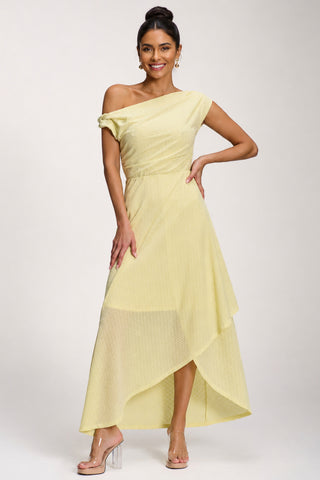 Textured Asymmetric One Shoulder Maxi Dress, Butter Yellow