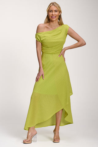 Textured Asymmetric One Shoulder Maxi Dress, Lime