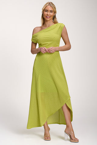 Textured Asymmetric One Shoulder Maxi Dress, Lime