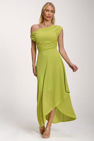 Textured Asymmetric One Shoulder Maxi Dress, Lime