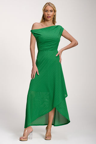 Textured Asymmetric One Shoulder Maxi Dress, Emerald Green