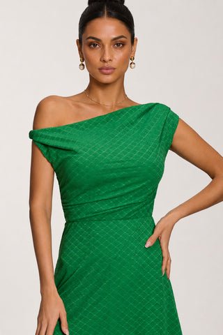 Textured Asymmetric One Shoulder Maxi Dress, Emerald Green