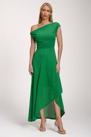 Textured Asymmetric One Shoulder Maxi Dress, Emerald Green