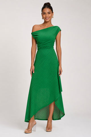Textured Asymmetric One Shoulder Maxi Dress, Emerald Green