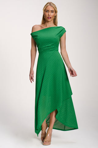 Textured Asymmetric One Shoulder Maxi Dress, Emerald Green
