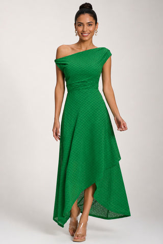 Textured Asymmetric One Shoulder Maxi Dress, Emerald Green