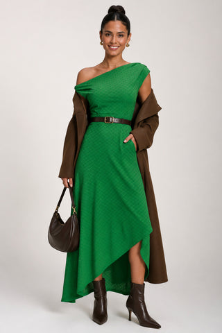 Textured Asymmetric One Shoulder Maxi Dress, Emerald Green